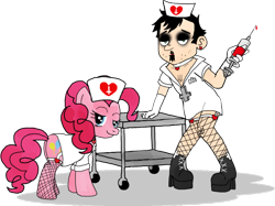 Size: 900x674 | Tagged: safe, artist:dan-and-ponies, pinkie pie, earth pony, human, pony, crossdressing, dan, dan vs, female, fishnet stockings, looking at you, male, mare, needle, nurse, syringe