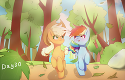 Size: 1400x900 | Tagged: safe, artist:irenla, derpibooru import, applejack, rainbow dash, earth pony, pegasus, pony, appledash, cowboy hat, duo, female, forest, hat, leaf, lesbian, mare, multicolored hair, newbie artist training grounds, path, shipping, smiling, stetson, tree, whitetail woods