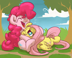 Size: 1000x802 | Tagged: safe, artist:atryl, fluttershy, pinkie pie, earth pony, pegasus, pony, blushing, flutterpie, hooves, hug, shipping