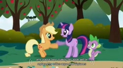 Size: 635x353 | Tagged: safe, derpibooru import, screencap, applejack, spike, twilight sparkle, dragon, earth pony, pony, friendship is magic, youtube caption