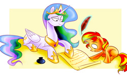 Size: 670x396 | Tagged: safe, artist:nukilik, princess celestia, sunset shimmer, alicorn, pony, unicorn, filly, filly sunset shimmer, magic, open mouth, prone, quill, raised eyebrow, scroll, smiling, telekinesis, wide eyes, younger