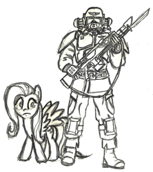 Size: 748x842 | Tagged: safe, artist:commissarprower, fluttershy, human, armor, bayonet, cadian shock troops, imperial guard, imperium, lasgun, warhammer (game), warhammer 40k, weapon, wip