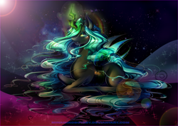 Size: 4092x2893 | Tagged: safe, artist:minamikoboyasy, queen chrysalis, changeling, changeling queen, absurd resolution, female, glowing horn, lidded eyes, long mane, long tail, looking at you, prone, solo, stars, sun