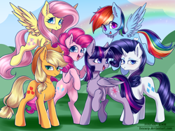 Size: 4000x3000 | Tagged: safe, artist:foxcarp, derpibooru import, applejack, fluttershy, pinkie pie, rainbow dash, rarity, twilight sparkle, twilight sparkle (alicorn), alicorn, earth pony, pegasus, pony, unicorn, chest fluff, female, flying, friends, looking at you, mane six, mare, outdoors, smiling