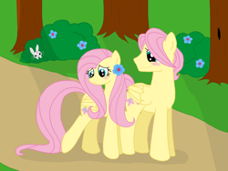 Size: 2856x2142 | Tagged: safe, artist:starry-bat1, angel bunny, butterscotch, fluttershy, pegasus, pony, blushing, female, flower, flutterscotch, high res, male, rule 63, self ponidox, selfcest, shipping, straight