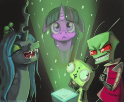 Size: 1206x1000 | Tagged: safe, artist:lexx2dot0, queen chrysalis, twilight sparkle, changeling, changeling queen, crossover, evil, evil grin, eyes closed, floppy ears, gir, grin, invader zim, laughing, smiling, zim