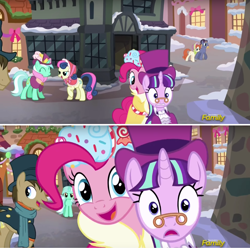 Size: 2560x2540 | Tagged: safe, screencap, bon bon, doctor whooves, lyra heartstrings, pinkie pie, snowfall frost, starlight glimmer, sweetie drops, earth pony, pony, a hearth's warming tail, animation error, bow bonnet, discovery family logo, male, spirit of hearth's warming presents, stallion