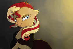 Size: 900x600 | Tagged: safe, artist:kodabomb, sunset shimmer, pony, unicorn, cloak, clothes, smirk, solo