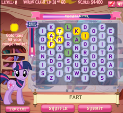 Size: 638x589 | Tagged: safe, derpibooru import, twilight sparkle, pony, fart, game, twilight sparkle's magical mysteries