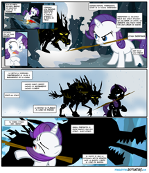 Size: 1024x1189 | Tagged: safe, artist:pixelkitties, artist:xristian96, rarity, pony, timber wolf, unicorn, 300, comic, filly, leonidas, spanish, translation