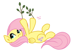 Size: 1999x1367 | Tagged: safe, artist:fribox, fluttershy, pegasus, pony, female, fluttertree, hooves in air, leaves, looking at you, on back, simple background, solo, talking to viewer, tree branch, white background