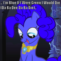 Size: 611x611 | Tagged: safe, pinkie pie, earth pony, pony, blue, eiffel 65, image macro, misheard, music, parody, recolor, song, song reference