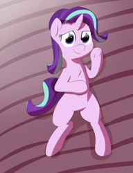 Size: 1500x1953 | Tagged: safe, artist:wenni, starlight glimmer, pony, unicorn, belly button, chest fluff, looking at you, on back, simple background, smiling, solo, underhoof