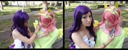 Size: 1280x503 | Tagged: safe, artist:eclecticmaniac, artist:irrituslamia, fluttershy, rarity, human, cosplay, irl, irl human, photo