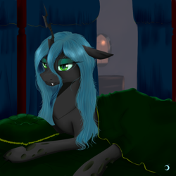 Size: 1000x1000 | Tagged: safe, artist:ruanshi, queen chrysalis, changeling, changeling queen, bed, bedroom eyes, female, morning, morning ponies, solo