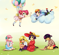 Size: 1624x1524 | Tagged: safe, artist:cosmicponye, derpibooru import, angel bunny, applejack, fluttershy, pinkie pie, rainbow dash, rarity, twilight sparkle, human, balloon, clothes, cloud, cloudy, converse, dress, grass, hat, humanized, light skin, mane six, shoes, then watch her balloons lift her up to the sky, younger