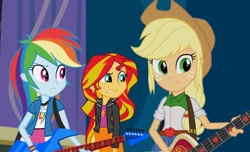 Size: 1862x1133 | Tagged: safe, screencap, applejack, rainbow dash, sunset shimmer, equestria girls, rainbow rocks