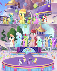 Size: 850x1062 | Tagged: safe, derpibooru import, screencap, amethyst star, apple fritter, applejack, cantaloupe (character), cornsilk, dawn sunrays, fluttershy, linky, lyra heartstrings, nougat praliné, rainbow dash, rarity, shoeshine, sparkler, spike, twilight sparkle, twilight sparkle (alicorn), alicorn, dragon, earth pony, pegasus, pony, unicorn, my little pony: the movie, apple family member, background pony, balloon, canterlot, chocolate apple, clones, crowd, female, male, mare, melody star, stage, stallion, toadstool blossom, unnamed pony, wind whistler (g4)