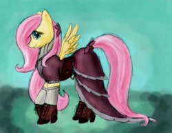 Size: 2516x1945 | Tagged: safe, artist:bkatt500, fluttershy, pegasus, pony, boots, clothes, dress, solo, victorian