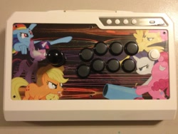 Size: 960x720 | Tagged: safe, derpibooru import, applejack, fluttershy, pinkie pie, rainbow dash, rarity, twilight sparkle, earth pony, pegasus, pony, unicorn, arcade, fight stick