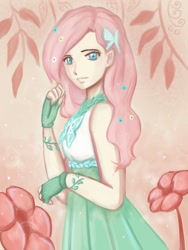 Size: 768x1024 | Tagged: safe, artist:macarosca, fluttershy, clothes, dress, gala dress, humanized, solo