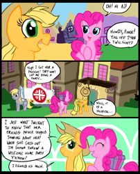 Size: 827x1025 | Tagged: safe, artist:metal-kitty, applejack, derpy hooves, pinkie pie, earth pony, pegasus, pony, comic:mlp project, bandage, comic, female, hospital, mare, present