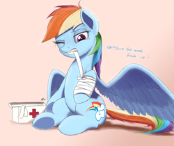 Size: 2000x1680 | Tagged: safe, artist:j24262756, derpibooru import, rainbow dash, pegasus, pony, bandage, dialogue, female, injured, mare, mouth hold, sitting, solo, text