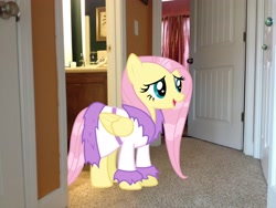 Size: 3264x2448 | Tagged: safe, artist:serindo, fluttershy, pony, bathrobe, bathroom, clothes, hallway, high res, irl, photo, ponies in real life, robe, wet mane