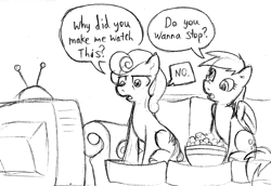 Size: 1000x686 | Tagged: safe, artist:elosande, carrot top, derpy hooves, golden harvest, pegasus, pony, female, mare, monochrome, sofa, television