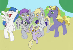 Size: 900x619 | Tagged: safe, artist:rannva, brolly, derpy hooves, dinky hooves, flutter doo, ponet, tornado bolt, whitewash, oc, oc:trot, pegasus, pony, unicorn, colt, cousins, cute, dinkabetes, family, female, filly, headcanon, male, mare, offspring, ponetderp, shipping, stallion, straight