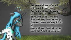 Size: 1920x1080 | Tagged: safe, artist:skrittzs, queen chrysalis, changeling, changeling queen, 3d, ashes of eden, breaking benjamin, gmod, lyrics, sad, solo, text