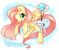 Size: 1400x1193 | Tagged: safe, artist:pheebadohdoh, angel bunny, fluttershy, pegasus, pony, rabbit, angel is not amused, animal, balloon, crossed legs, cute, ear fluff, female, floating, flying, happy, mare, shyabetes