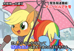 Size: 667x462 | Tagged: safe, artist:powaito, derpibooru import, applejack, rainbow dash, earth pony, pegasus, pony, appledash, embarrassed, facehoof, female, interview, japanese, lesbian, meme, microphone, news report, shipping, special feeling, translated in the comments, umbrella