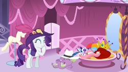 Size: 1024x576 | Tagged: safe, rarity, spike, dragon, pony, unicorn, clothes, costume, hat