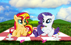 Size: 1597x1008 | Tagged: safe, artist:majkashinoda626, rarity, sunset shimmer, pony, unicorn, picnic