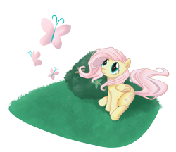 Size: 907x784 | Tagged: safe, artist:solvernia, fluttershy, butterfly, pegasus, pony, bush, female, folded wings, looking at something, looking up, mare, partial background, sitting, solo, three quarter view, wings