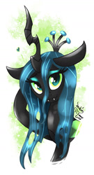 Size: 905x1680 | Tagged: safe, artist:joakaha, queen chrysalis, changeling, changeling queen, fangs, floppy ears, heart, looking at you, signature, simple background, solo, white background