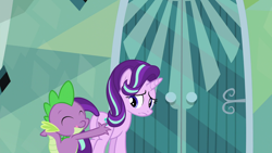 Size: 1920x1080 | Tagged: safe, screencap, spike, starlight glimmer, dragon, pony, unicorn, the crystalling, butt touch, eyes closed, frown, hand on butt, licking, licking lips, out of context, pushing, rump push, tongue out