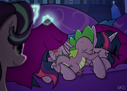 Size: 1352x965 | Tagged: safe, artist:dsana, spike, starlight glimmer, twilight sparkle, twilight sparkle (alicorn), alicorn, dragon, pony, bed, blanket, female, hug, magic, mare, sleeping, spikelove