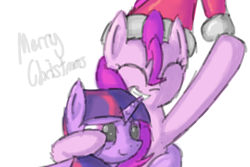 Size: 900x600 | Tagged: safe, artist:datgmfreak, derpibooru import, pinkie pie, twilight sparkle, earth pony, pony, christmas, eyes closed, female, hat, hearth's warming eve, hug, lesbian, santa hat, shipping, twinkie