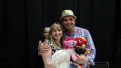 Size: 1024x576 | Tagged: artist needed, safe, big macintosh, pinkie pie, human, andrea libman, irl, irl human, peter new, photo, plushie