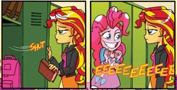 Size: 1295x663 | Tagged: safe, idw, pinkie pie, sunset shimmer, equestria girls, spoiler:comic, spoiler:comicholiday2014, eeee, idw advertisement