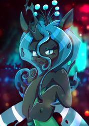 Size: 1358x1920 | Tagged: safe, artist:rariedash, queen chrysalis, changeling, changeling queen, fangs, looking at you, open mouth, raised hoof, slit eyes, smiling, solo