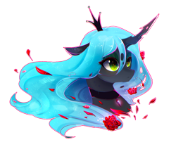 Size: 1144x1000 | Tagged: safe, artist:koveliana, queen chrysalis, changeling, changeling queen, beautiful, bust, chromatic aberration, eyeshadow, flower, flower petals, makeup, portrait, rose, simple background, solo, transparent background