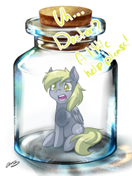 Size: 400x533 | Tagged: safe, artist:mylittlesheepy, derpy hooves, pegasus, pony, bottle, colored pupils, dialogue, pony in a bottle, solo, trapped