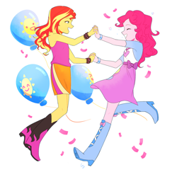 Size: 1280x1280 | Tagged: safe, artist:magneticskye, pinkie pie, sunset shimmer, equestria girls, rainbow rocks, balloon, boots, bracelet, clothes, cute, eyes closed, grin, holding hands, open mouth, shirt, shoes, simple background, skirt, smiling, white background