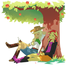 Size: 1280x1280 | Tagged: safe, artist:magneticskye, applejack, sunset shimmer, equestria girls, bottle, cider, eyes closed, female, hat, sitting, tree