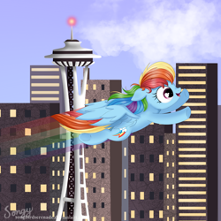 Size: 2000x2000 | Tagged: safe, artist:songbirdserenade, derpibooru import, rainbow dash, pegasus, pony, flying, high res, rainbow trail, seattle, solo, space needle