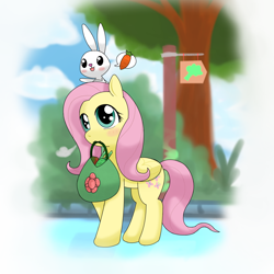 Size: 1000x1000 | Tagged: safe, artist:hoyeechun, angel bunny, fluttershy, pegasus, pony, rabbit, female, mare, pet, pink mane, yellow coat