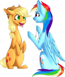 Size: 2280x2701 | Tagged: safe, artist:sychia, derpibooru import, applejack, rainbow dash, earth pony, pegasus, pony, behaving like a dog, female, hypnosis, hypnotized, mare, stopwatch, swirly eyes, tongue out